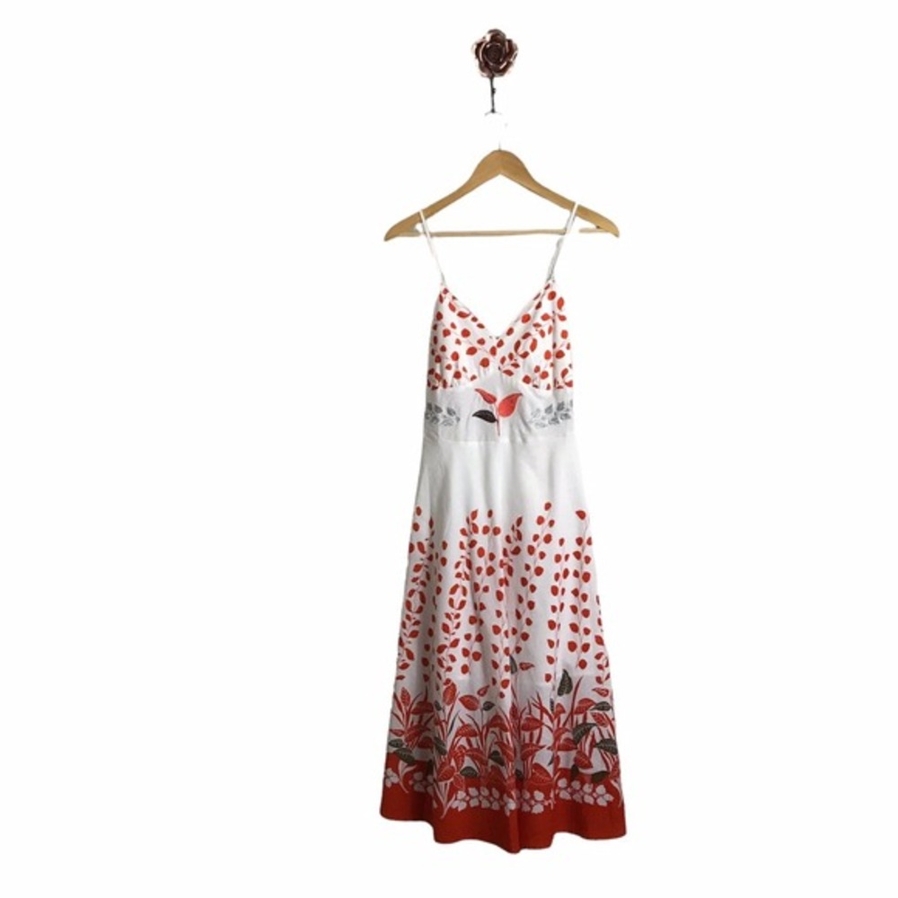 Silver Stream Small White Red Embroidered Babydoll Midi Dress Cottagecore